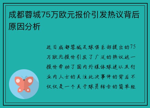 成都蓉城75万欧元报价引发热议背后原因分析